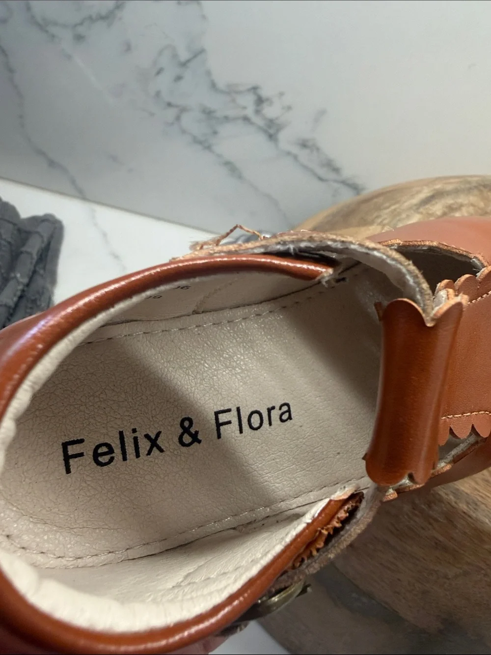 Felix & Flora Girls' Scalloped T-Strap Dress Shoes in Cognac Brown